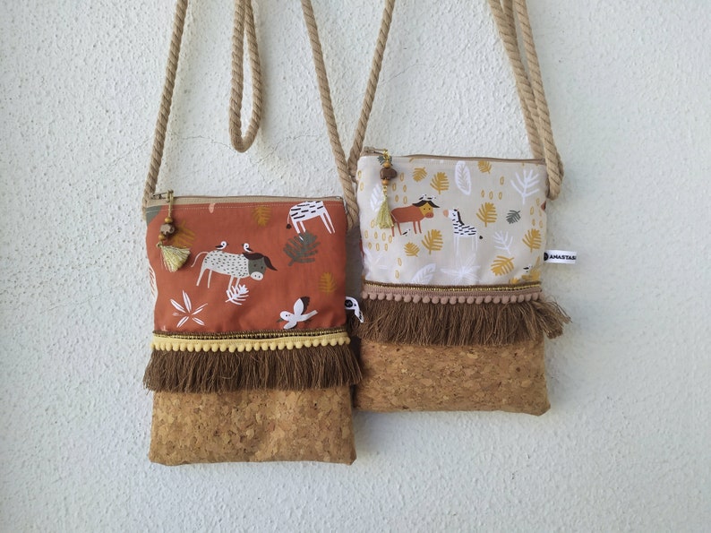 Girls Boho Bag with Safari Animals, Large Cork Purse image 7