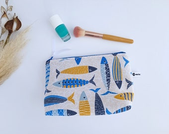 Make-up Bag with Blue and Yellow Fish, Cosmetics Bag, Beach Bag, Zipper Pouch, Small Toiletry Bag, Summer Gift, Sister, Travel Gift