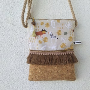 Girls Boho Bag with Safari Animals, Large Cork Purse image 5