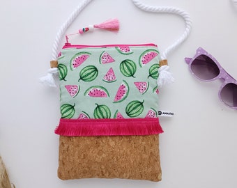 Girls Watermelon Crossbody Bag, Summer Bag, Cork Large Purse, Christmas Gift