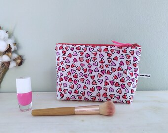 Girls Make-up Bag with Hearts, Red Pink Hearts Toiletry Bag, Cosmetics Cotton Zipper Pouch, Travel Bag Teenager Gift, Valentine Gift for Her