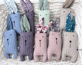 Bunny Waffle Rattle Soft Toy, Muslin Rattle Baby Toy, Baby Shower Gift, Rabbit Soft Animal, Pregnancy Basket, Sensory Toy, Newborn Baby