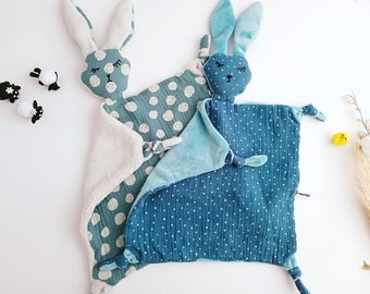 BUNNY Baby Comforter, Bunny Lovey Double Gauze Cotton, Polka Dots Rabbit Security Blanket, Baby Snuggle Toy, Bunny Doudou, Baby Easter Gift