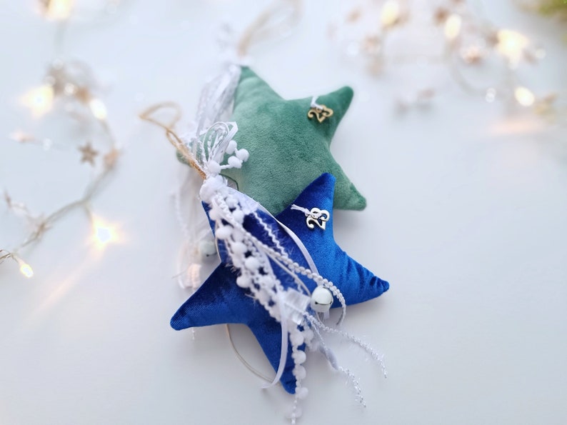 2024 Greek Good Luck Charm Velvet Star, Blue Green Christmas Ornaments, Christmas Tree Hanging Decorations, Teacher Christmas Gifts image 1