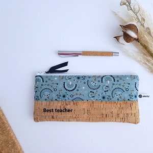 Personalized Cork Pencil Bag, Teacher Gift, Blue Floral Zipper Pouch, Make-up Bag, Cosmetics Bag, Pencil Bag, Vegan, Thank you Gift image 4