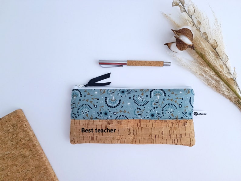 Personalized Cork Pencil Bag, Teacher Gift, Blue Floral Zipper Pouch, Make-up Bag, Cosmetics Bag, Pencil Bag, Vegan, Thank you Gift image 4