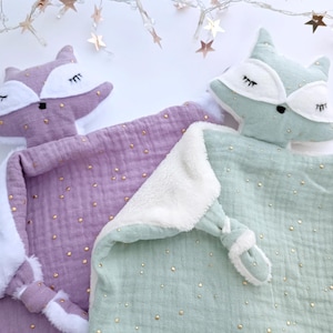 FOX Double Gauze Cotton Baby Comforters, Lilac Fox Lovey, Mint Baby Security Blanket, Baby Shower, Muslin Cotton Fox Cuddle Animal Friend