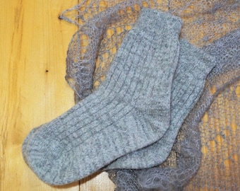 Knee Wool Socks for Women in Gray and White with Squirrel Pattern Made in Russia