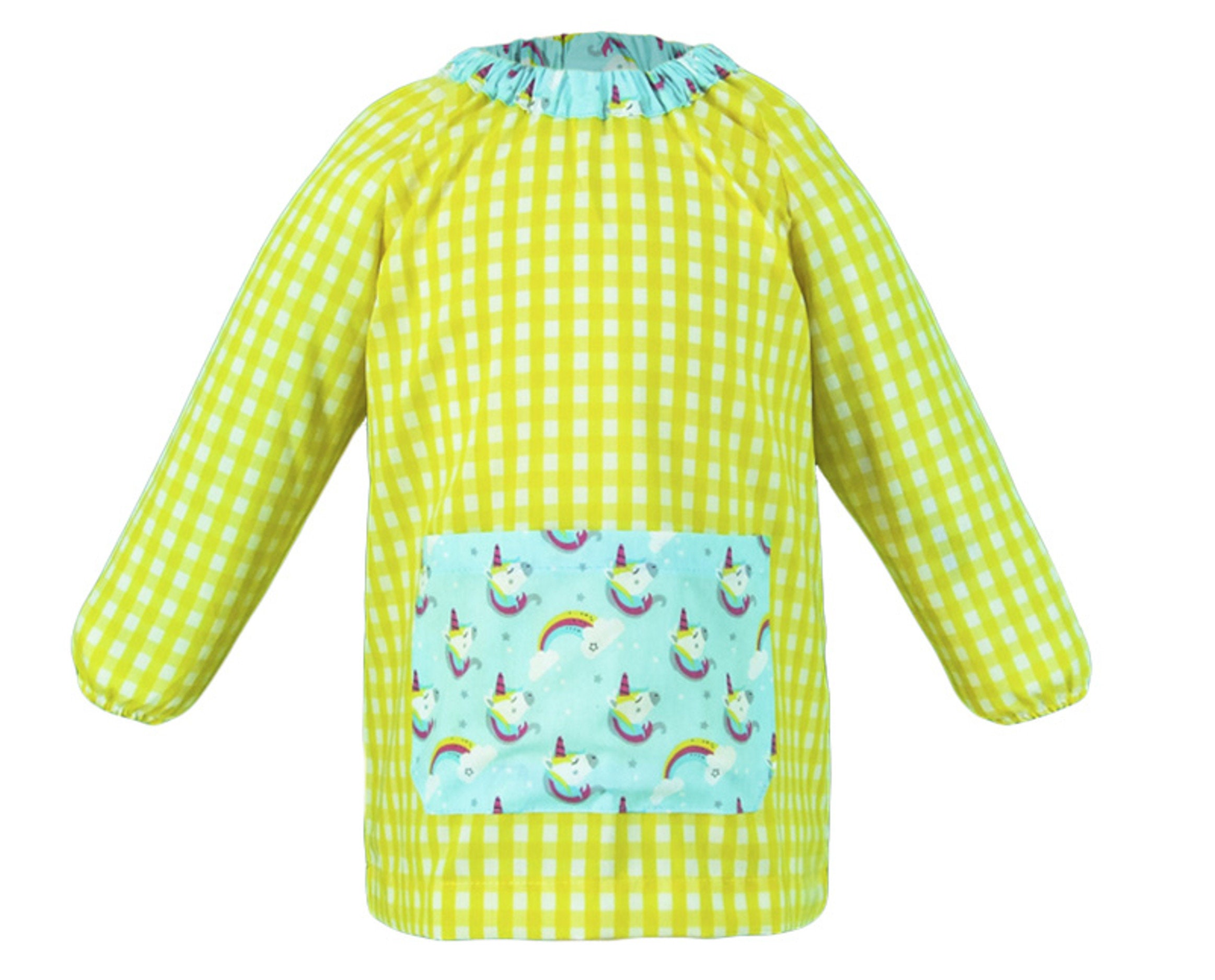Blouse Maternelle Personnalisable, Tablier École Jaune Licornes 3-4 Ans, Vichy Jaune, Licornes
