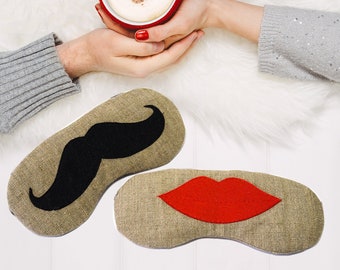 Mr and Mrs Sleeping Masks, Mustaches ans Lips Eye Mask, Organic Sleep Mask, Wedding Gift for Couples, Burlap Eye Pillow, Sleep Mask Set