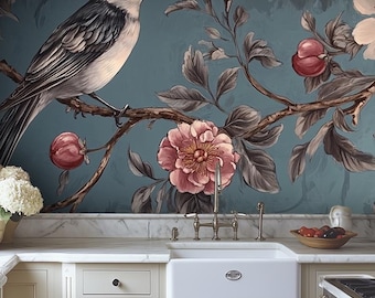 Vintage Bird and Floral Wallpaper: Blue Botanical Wall Mural for Kitchen - VM254