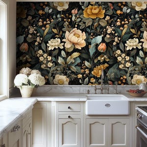 Dark Floral Wallpaper: Moody Botanical Kitchen Wall Decor - VM244