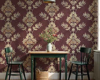 Burgundy Damask Wallpaper: Vintage Victorian Wall Decor - VM127