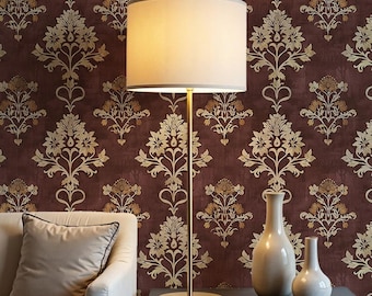 Vintage Damask Wallpaper: Burgundy and Cream Traditional Wallpaper for Living Room - VM126