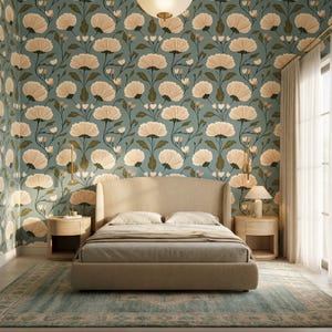 May include: A bedroom with a beige bed, two matching nightstands, and a patterned rug. The walls are covered in a teal floral wallpaper with cream-colored flowers and green leaves. A large window with sheer curtains is visible.