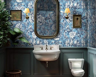 William Morris Style Wallpaper: Blue Vintage Floral Damask Wall Mural, Cottagecore Classic Decor - VM177