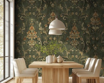 Vintage Green Wallpaper – Dark Whimsical Botanical Peel and Stick for Cottage & Bathroom Walls VM130