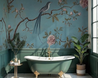 Vintage Floral Peel and Stick Wallpaper: Blue Bird Botanical Wall Mural