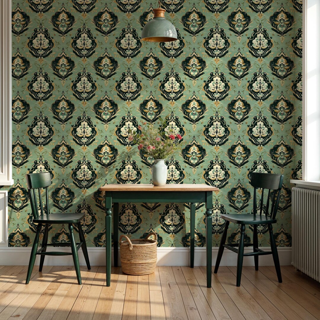 Vintage Green Damask Wallpaper: Classic Ornamental Wallpaper for Dining ...