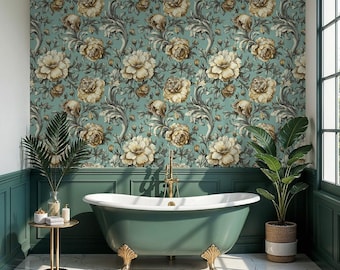 Vintage Blue Floral Wallpaper: Antique Botanical Flower Wallpaper for Bathroom, Bedroom - VM154