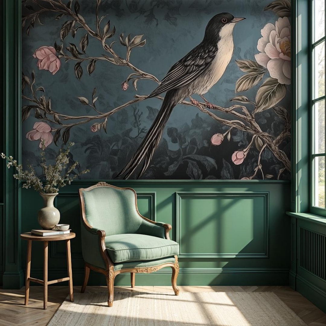 Dark Bird Wallpaper: Elegant Botanical Luxury Wallpaper - VM268 - Etsy