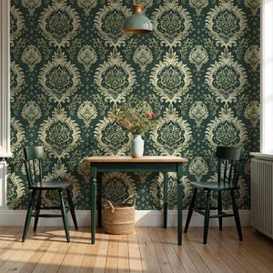 Cottage Style Green Wallpaper – William Morris Inspired Removable Wallpaper for Vintage & Farmhouse Walls VM118