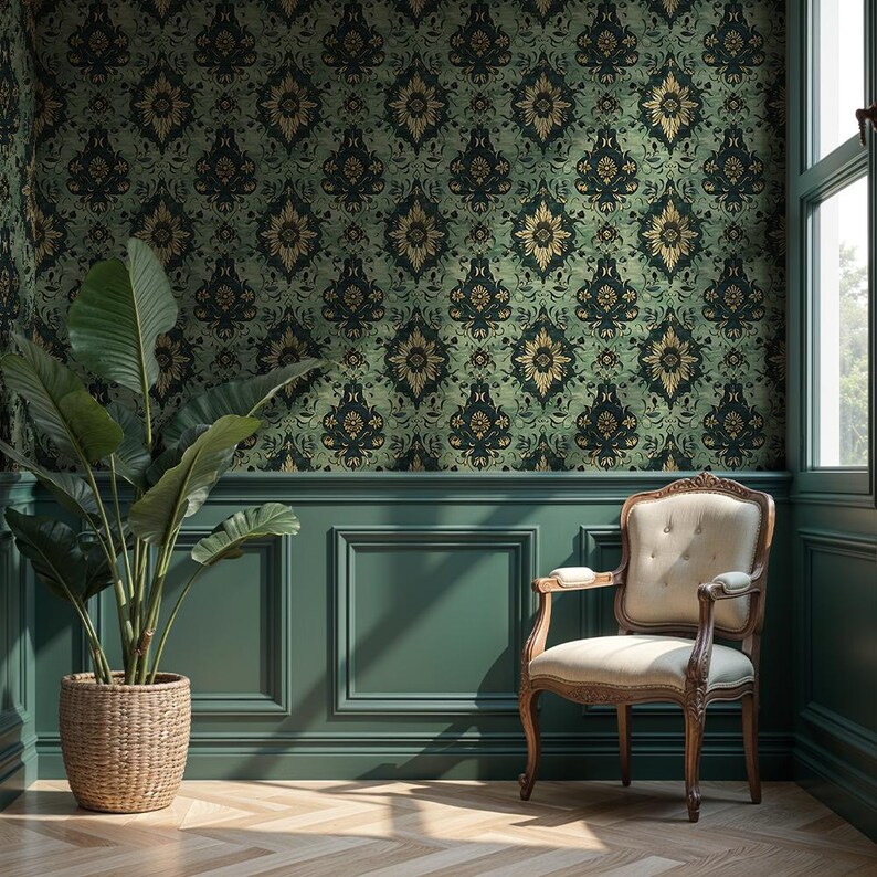 Vintage Green Damask Wallpaper: Elegant Ornate Wall Mural for Living ...