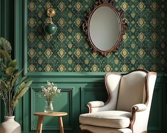 Emerald Damask Wallpaper: Vintage Victorian Wallpaper for Living Room and Hallway - VM31