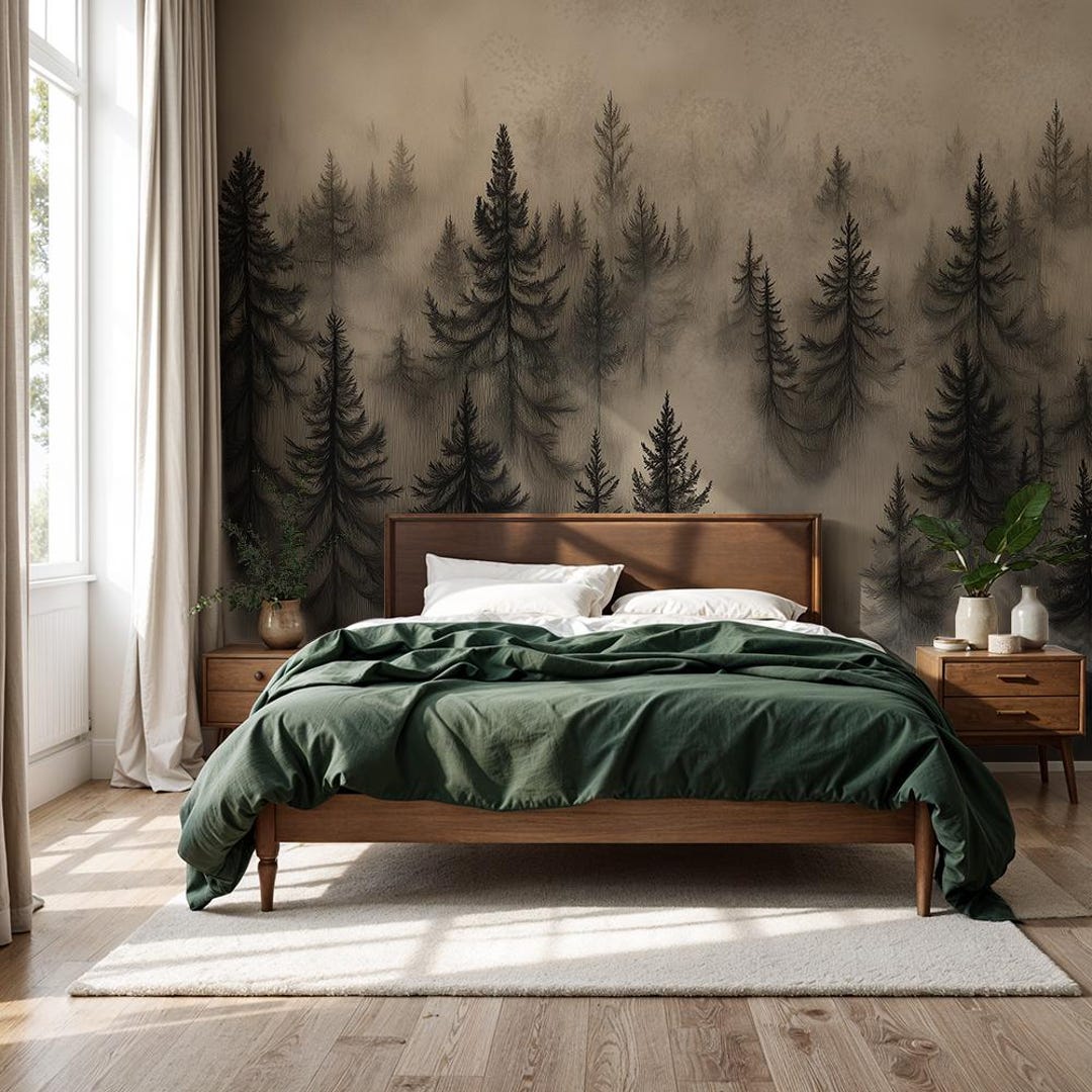 Misty Pine Forest Wallpaper: Dark Neutral Woodland Wall Mural ...