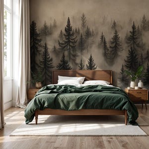 May include: A bedroom with a wooden bed frame, a green blanket, and white pillows. The headboard is made of wood. The wall behind the bed features a black and gray forest mural. Two wooden nightstands flank the bed, each with a vase and decorative items.