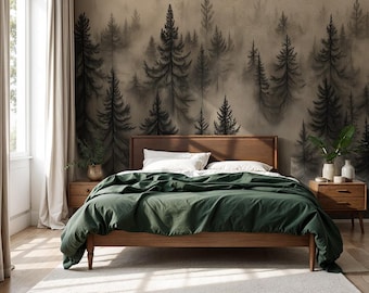 Misty Pine Forest Wallpaper: Dark Neutral Woodland Wall Mural, Removable Wall Covering - VM97