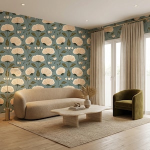 May include: A living room with a beige sofa, a green armchair, and a marble coffee table. The walls are adorned with floral wallpaper in shades of blue, beige, and green. A beige rug and curtains complete the decor.