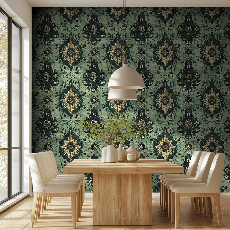 Vintage Green Damask Wallpaper: Elegant Ornate Wall Mural for Living ...