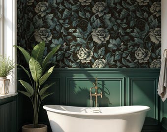 Dark Green Floral Wallpaper – Botanical Wall Mural with Vintage Pattern - VM157