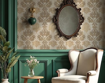 Damask Wallpaper: Beige Vintage Pattern for Entryway, Dining Room, Bedroom VM131