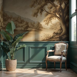 Vintage Panoramic Landscape Mural – Dark Green Nature Wallpaper, Removable Farmhouse Wall Decor VM73