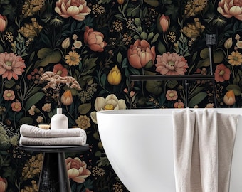Papel pintado floral oscuro: estampado botánico de ambiente melancólico para baño y aseo - VM239