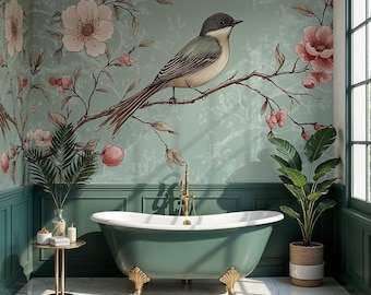 Botanical Bird & Blossom Wallpaper: Vintage Nature Wall Mural for Elegant Home Decor -VM249