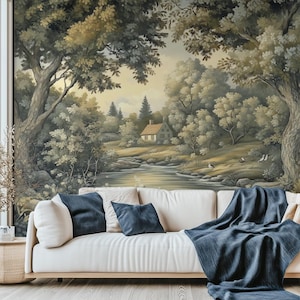 Cottage Green Landscape Wall Mural – Vintage Nature Wallpaper, Scenic Wall Decor for Farmhouse Homes VM79