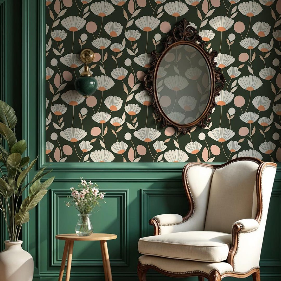Green Art Deco Floral Wallpaper: Vintage Botanical Pattern - VM226