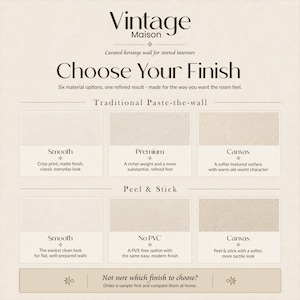 May include: A product selection guide with the text "Vintage Maison" and "Choose Your Finish." It displays six material options: Smooth, Premium, and Canvas for traditional paste-the-wall, and Smooth, No PVC, and Canvas for peel & stick.