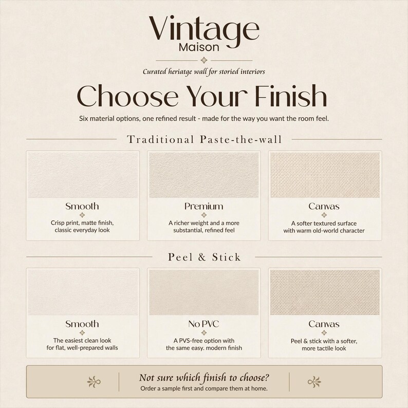 May include: A product selection guide with the text "Vintage Maison" and "Choose Your Finish." It displays six material options: Smooth, Premium, and Canvas for traditional paste-the-wall, and Smooth, No PVC, and Canvas for peel & stick.