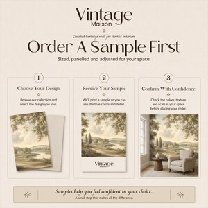 May include: An advertisement for Vintage Maison wallpaper samples. The image shows the steps to order a sample, including choosing a design, receiving the sample, and confirming the design. The text reads "Order A Sample First".