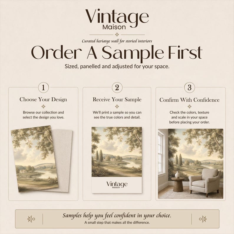 May include: An advertisement for Vintage Maison wallpaper samples. The image shows the steps to order a sample, including choosing a design, receiving the sample, and confirming the design. The text reads "Order A Sample First".