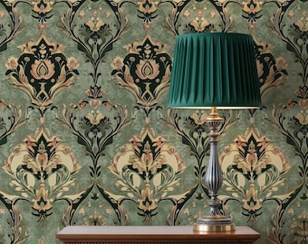 Gatsby Botanical Wall Mural – Moody Sage Green Peel and Stick Wallpaper for Bathroom & Vintage Decor  VM09