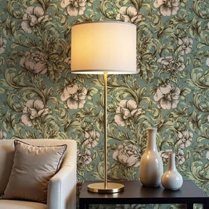 Sage Green Floral Mural – Vintage Botanical Wallpaper for Whimsical Cottage Decor- VM164