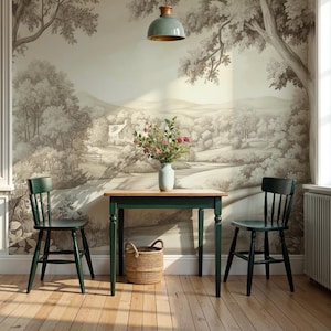 Cottage Tapestry Landscape Wallpaper – Removable Scenic Wall Mural, Farmhouse Nature Wall Art VM74