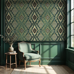 Whimsical Green Wall Mural – Art Nouveau Removable Wallpaper for Farmhouse & Cottage Decor VM145