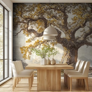 Vintage Green Landscape Wall Mural – Scenic Botanical Wallpaper, Panoramic Nature Wall Covering, Farmhouse Decor VM60