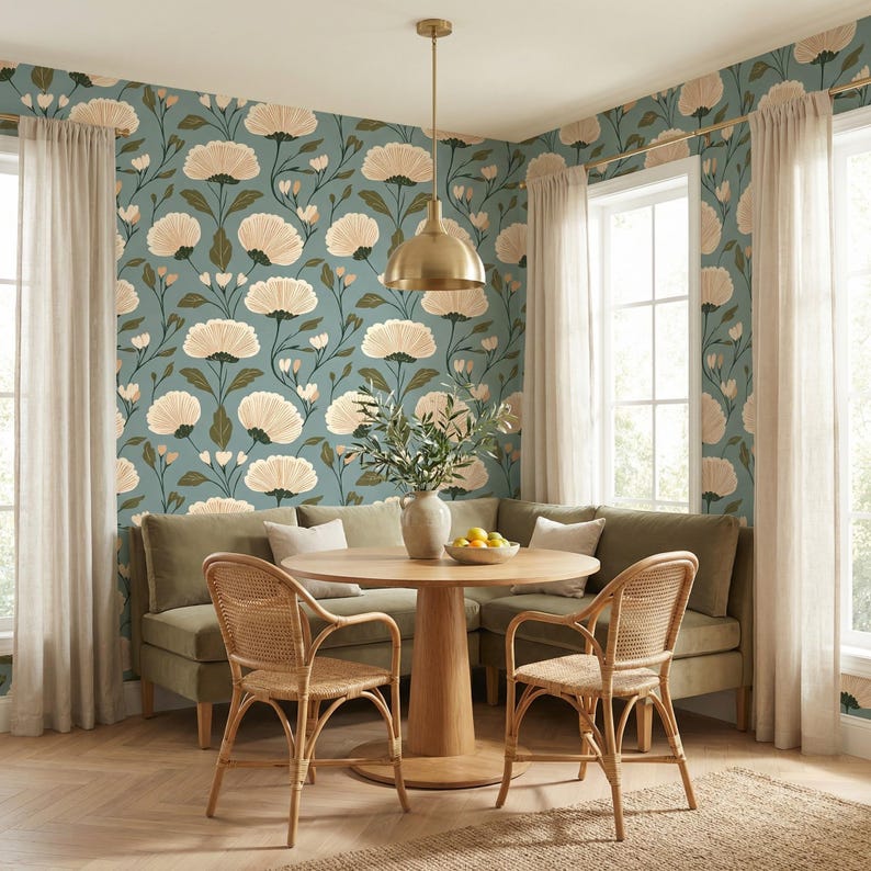 May include: A dining area with a round wooden table, two woven chairs, and a green sectional sofa. The walls are adorned with floral wallpaper. A gold pendant light hangs above the table, and sheer curtains frame the windows.